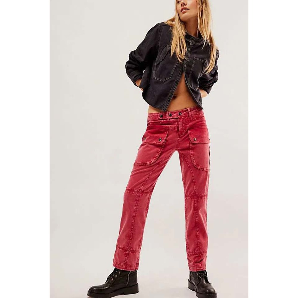 FP We The Free Hot In It Moto Pants Sweet Kiss Red Utility Crop Pants Size 2 NWT